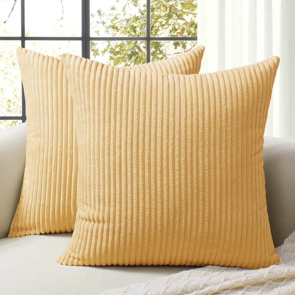 5826 Decorative Throw Pillow Covers 24x24, Set of 2 Soft Corduroy Striped